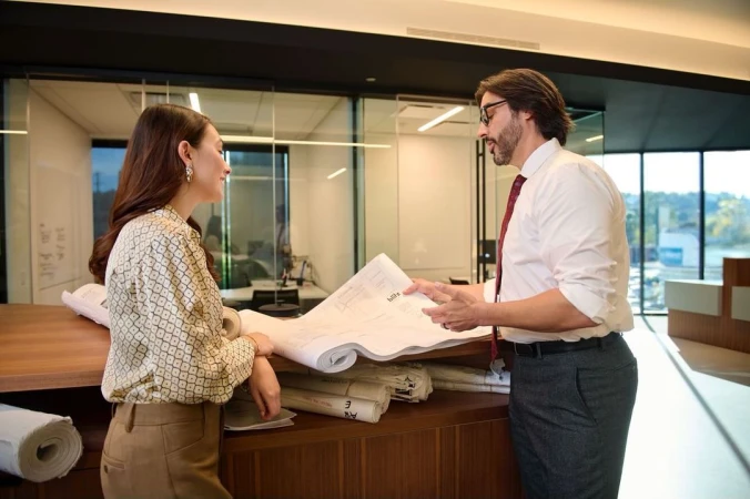 Two business colleagues collaborate over architectural blueprints in a modern office setting, featuring natural light and contemporary design elements.